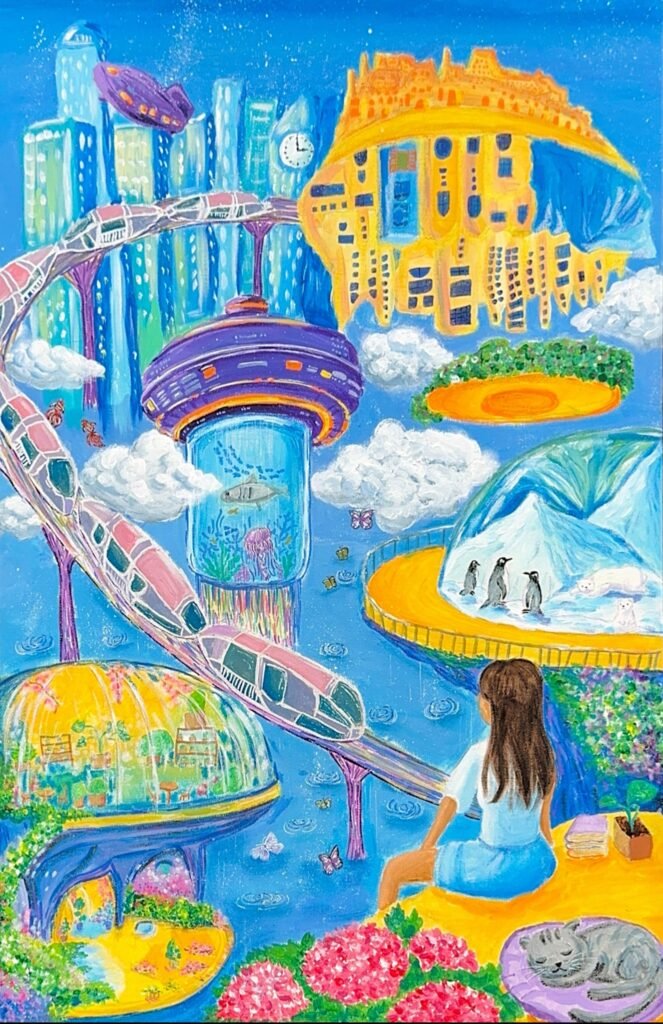 A future city above the clouds with high-speed trains, glass domes, and an aquarium.