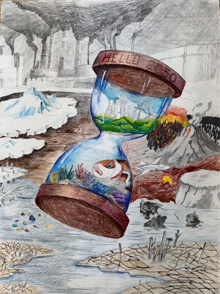 An hourglass holding a healthy world, surrounded by pollution and wildfire.