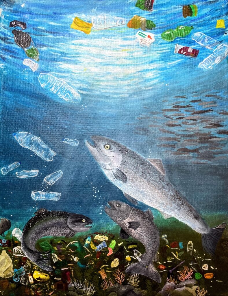 Fish struggle to escape polluted water above a damaged coral reef.